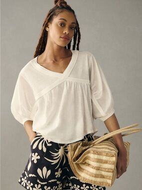 Anthropologie daily practice ivory Women's Peasant Blouse V-Neck Top.